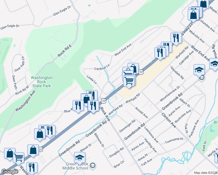 map of restaurants, bars, coffee shops, grocery stores, and more near 1300 Rock Avenue in North Plainfield