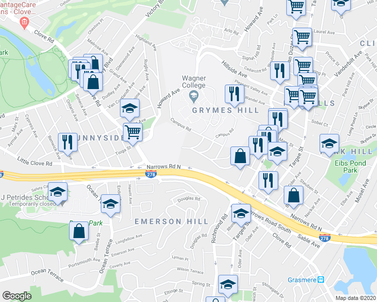 map of restaurants, bars, coffee shops, grocery stores, and more near 210 Longview Road in Staten Island
