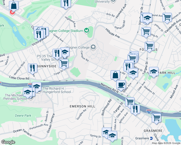 map of restaurants, bars, coffee shops, grocery stores, and more near 210 Longview Road in Staten Island