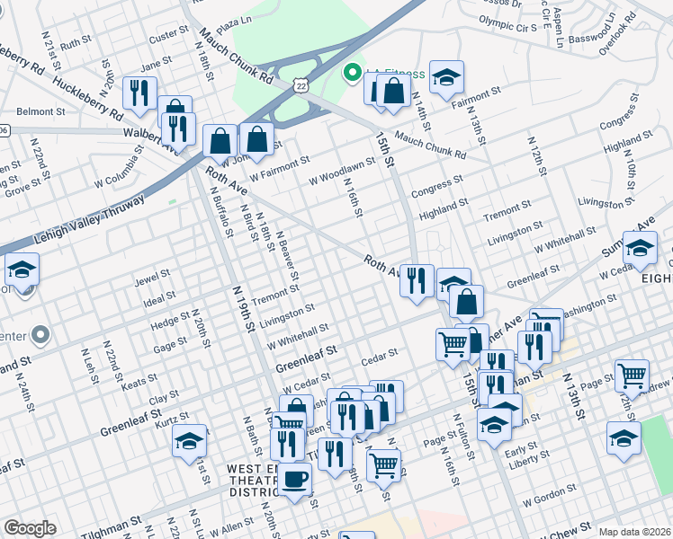 map of restaurants, bars, coffee shops, grocery stores, and more near 1045-1051 North 17th Street in Allentown