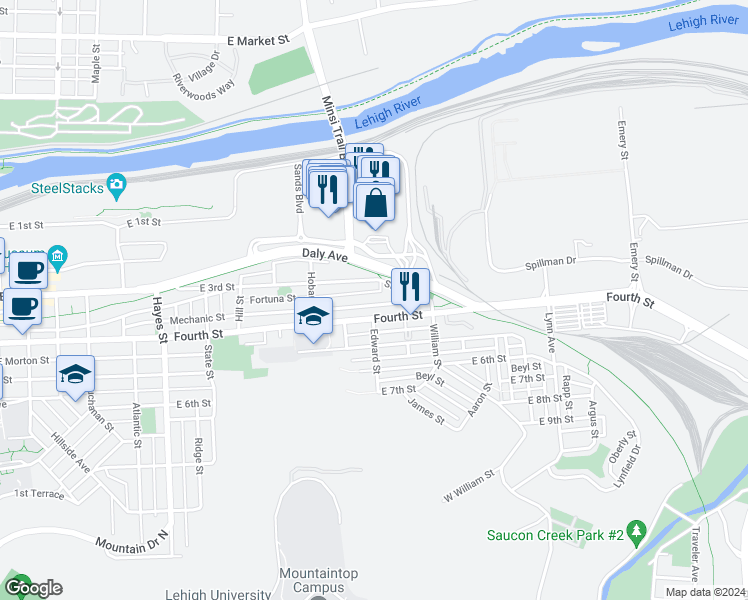map of restaurants, bars, coffee shops, grocery stores, and more near 1267 Mechanic Street in Bethlehem