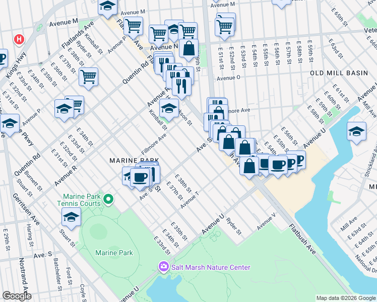 map of restaurants, bars, coffee shops, grocery stores, and more near 1973 Kimball Street in Brooklyn