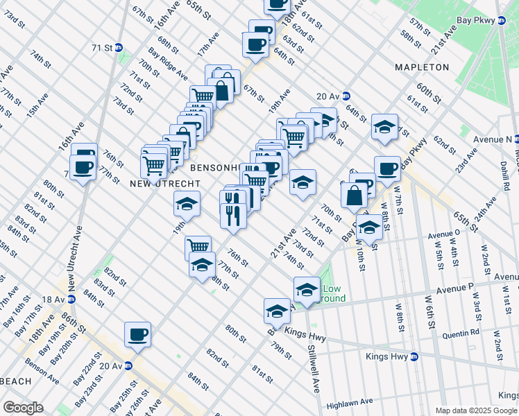 map of restaurants, bars, coffee shops, grocery stores, and more near 7210 20th Avenue in Brooklyn