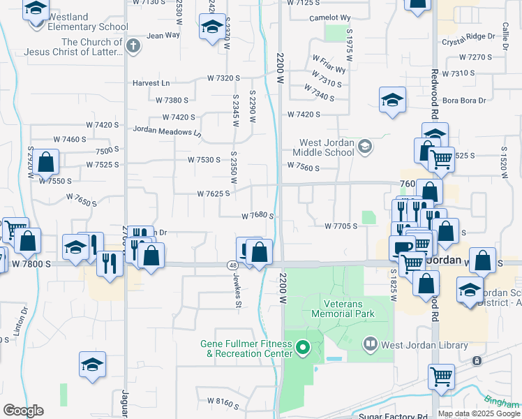 map of restaurants, bars, coffee shops, grocery stores, and more near 7636 2230 West in West Jordan