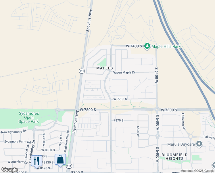 map of restaurants, bars, coffee shops, grocery stores, and more near 7644 Tellur Drive in West Jordan