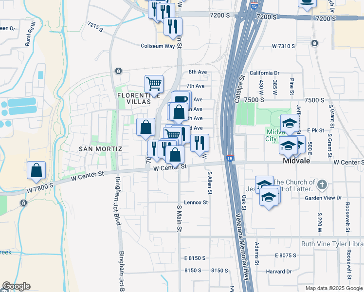 map of restaurants, bars, coffee shops, grocery stores, and more near 7638 South Main Street in Midvale