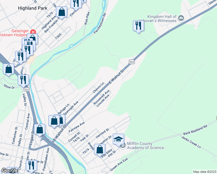 map of restaurants, bars, coffee shops, grocery stores, and more near 822 East Walnut Street in Lewistown