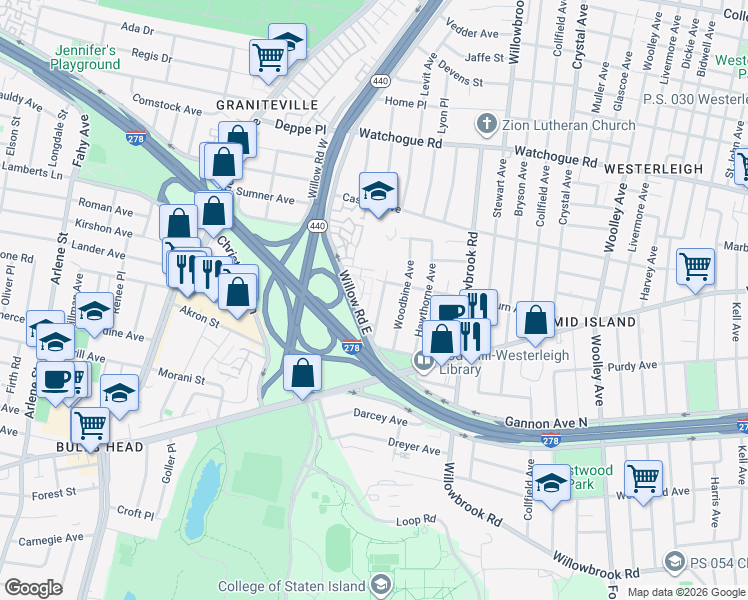 map of restaurants, bars, coffee shops, grocery stores, and more near 507-2 Willow Road East in Staten Island
