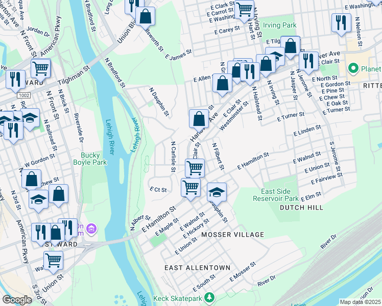 map of restaurants, bars, coffee shops, grocery stores, and more near 428 Hanover Avenue in Allentown
