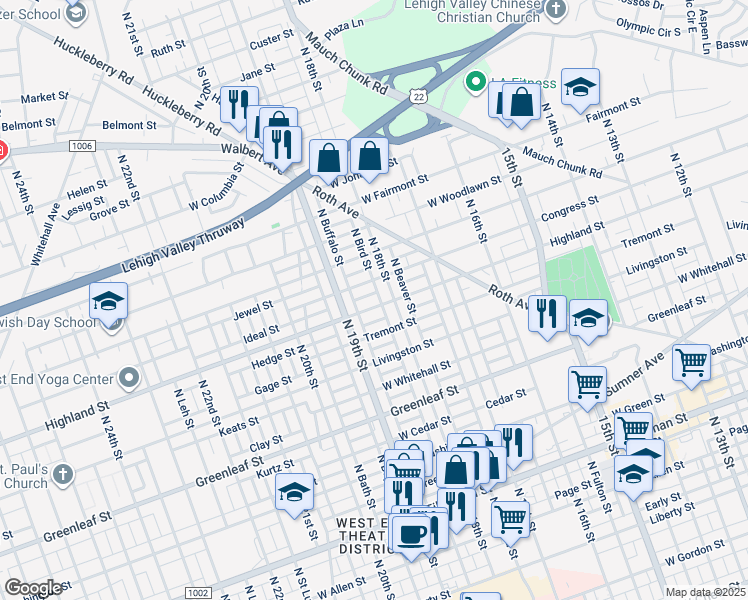 map of restaurants, bars, coffee shops, grocery stores, and more near 1817-1819 West Highland Street in Allentown