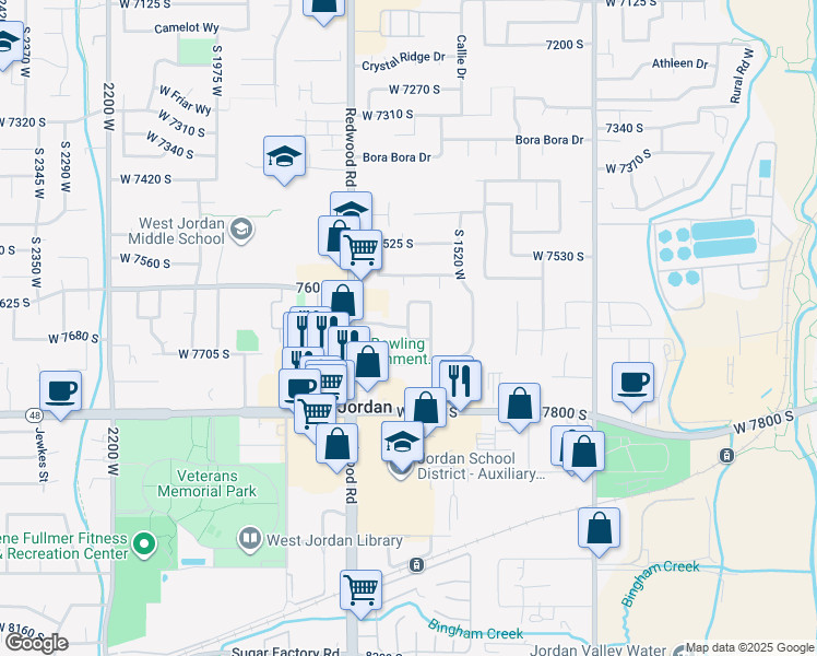 map of restaurants, bars, coffee shops, grocery stores, and more near Sunrise Place West in West Jordan