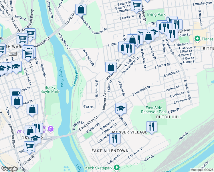 map of restaurants, bars, coffee shops, grocery stores, and more near 428 Hanover Avenue in Allentown