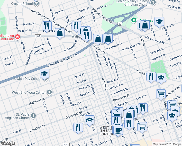 map of restaurants, bars, coffee shops, grocery stores, and more near 1937-1939 Congress Street in Allentown