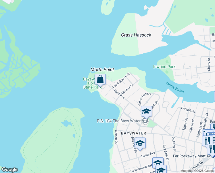map of restaurants, bars, coffee shops, grocery stores, and more near 33-45 Mott Avenue in Queens