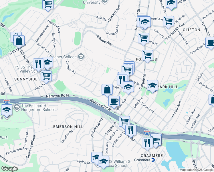 map of restaurants, bars, coffee shops, grocery stores, and more near 61 Longview Road in Staten Island