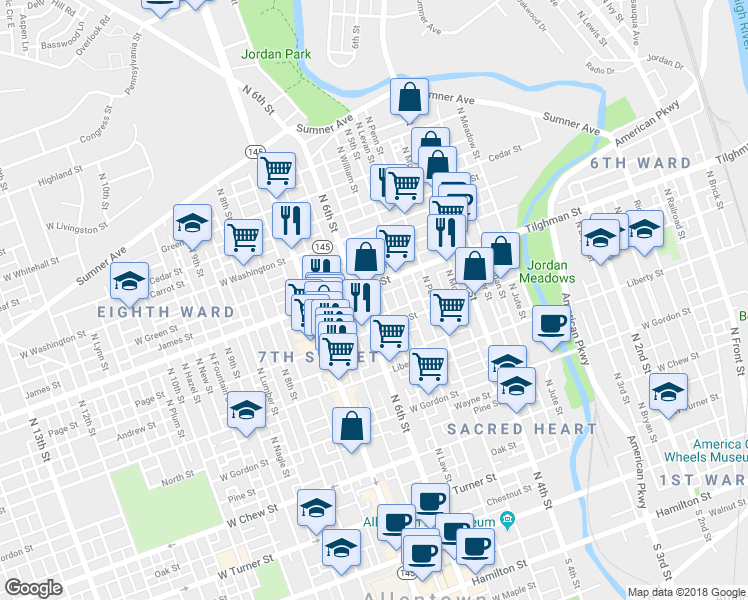 map of restaurants, bars, coffee shops, grocery stores, and more near 634 North Fair Street in Allentown
