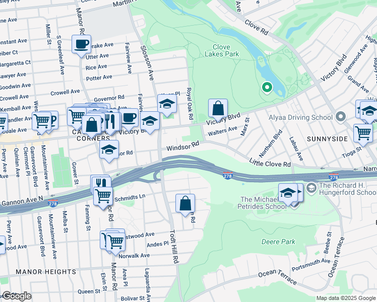 map of restaurants, bars, coffee shops, grocery stores, and more near 55 Windsor Road in Staten Island