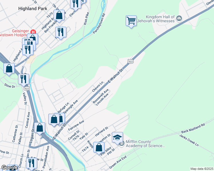map of restaurants, bars, coffee shops, grocery stores, and more near 822 East Walnut Street in Lewistown
