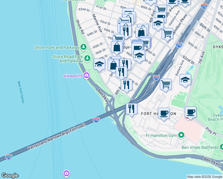 map of restaurants, bars, coffee shops, grocery stores, and more near 9967 Shore Road in Brooklyn