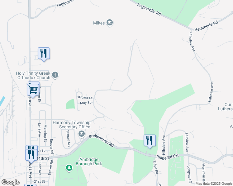 map of restaurants, bars, coffee shops, grocery stores, and more near 3036 Woodland Road in Ambridge