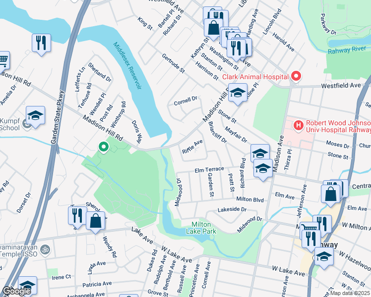 map of restaurants, bars, coffee shops, grocery stores, and more near 845 Madison Hill Road in Rahway