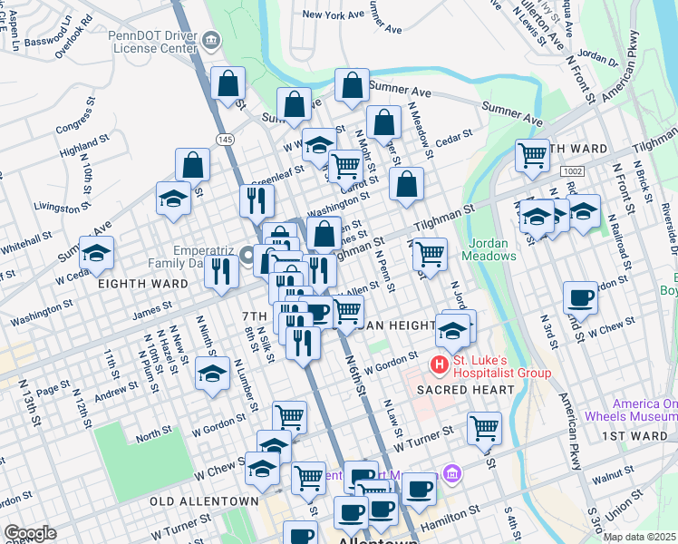 map of restaurants, bars, coffee shops, grocery stores, and more near 634 North Law Street in Allentown