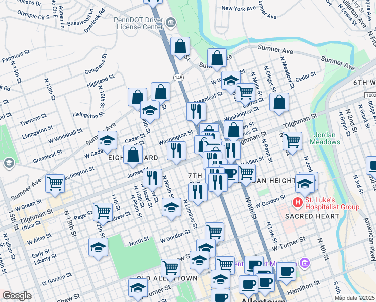 map of restaurants, bars, coffee shops, grocery stores, and more near 742 West Green Street in Allentown