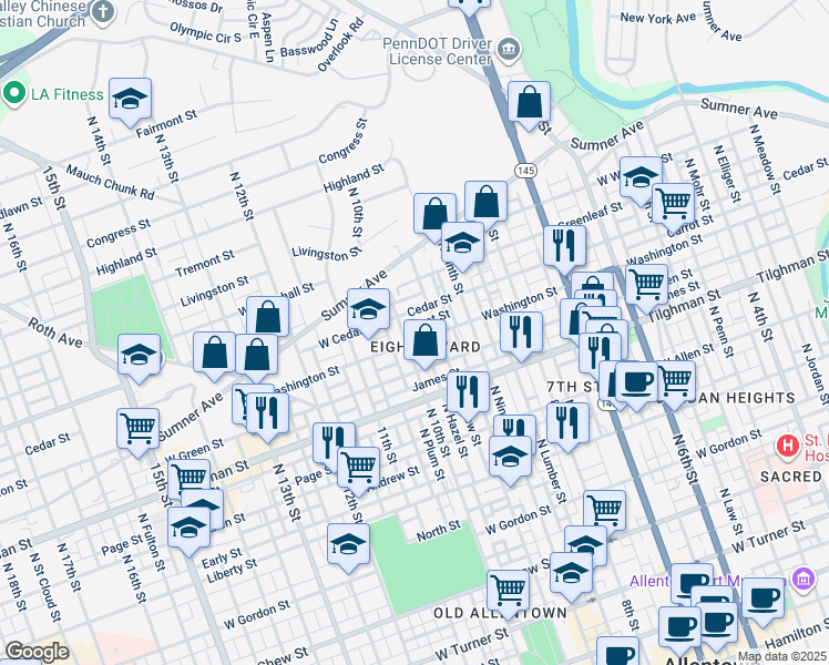map of restaurants, bars, coffee shops, grocery stores, and more near 955 Washington Street in Allentown