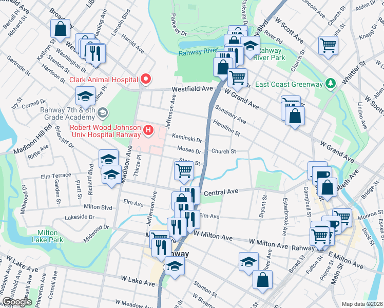 map of restaurants, bars, coffee shops, grocery stores, and more near 733 Moses Drive in Rahway