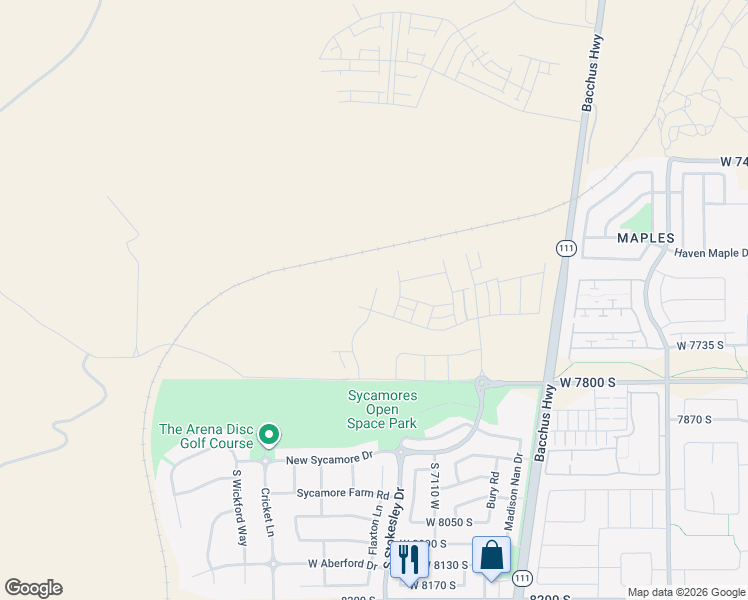 map of restaurants, bars, coffee shops, grocery stores, and more near 7646 Flattop Mount Drive in West Jordan