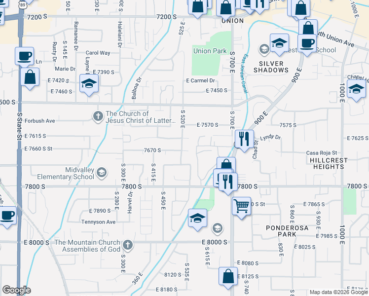 map of restaurants, bars, coffee shops, grocery stores, and more near 538 Woodpine Circle in Midvale
