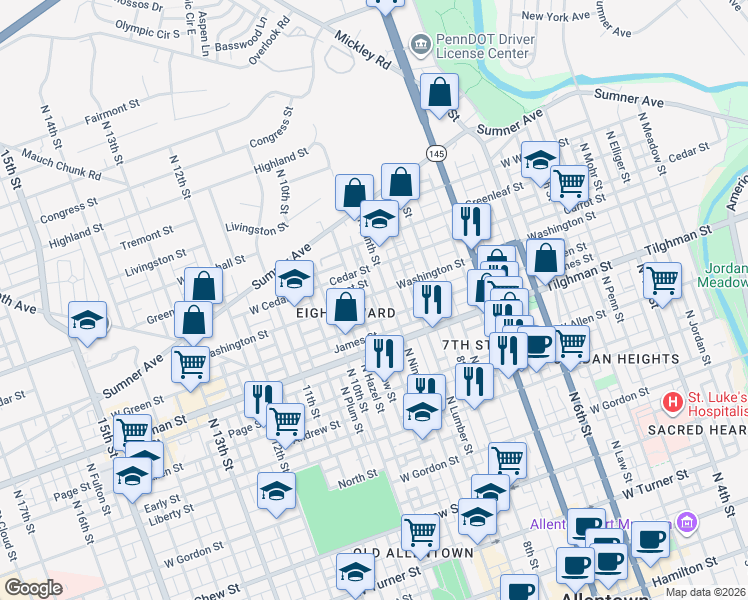 map of restaurants, bars, coffee shops, grocery stores, and more near 915 Washington Street in Allentown