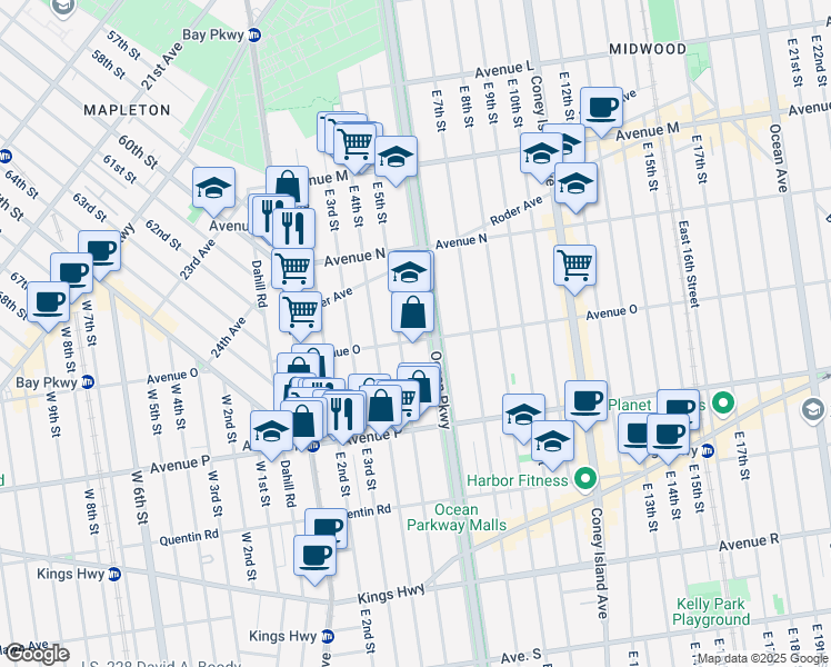 map of restaurants, bars, coffee shops, grocery stores, and more near 1500 Ocean Parkway in Brooklyn
