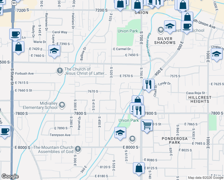 map of restaurants, bars, coffee shops, grocery stores, and more near 538 Woodpine Circle in Midvale