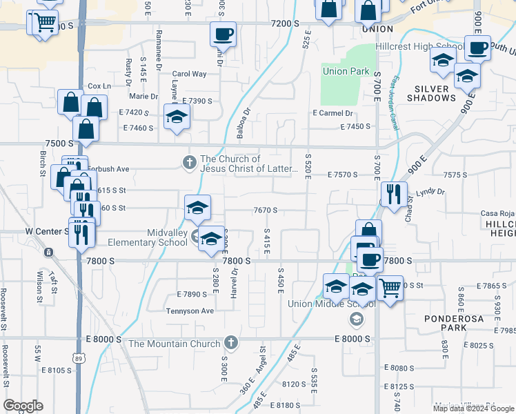map of restaurants, bars, coffee shops, grocery stores, and more near 404 Sandy Park Circle in Midvale