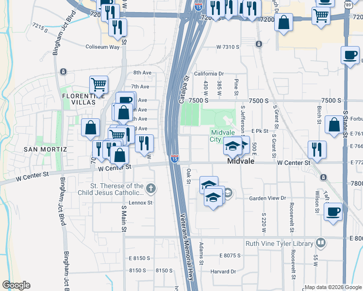 map of restaurants, bars, coffee shops, grocery stores, and more near 7634 Locust Street in Midvale