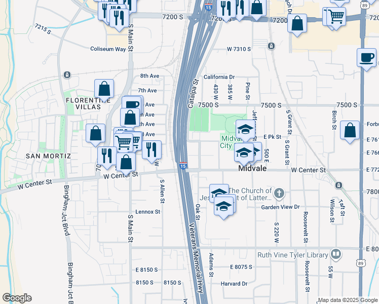 map of restaurants, bars, coffee shops, grocery stores, and more near 501 North Catalpa Road in Midvale