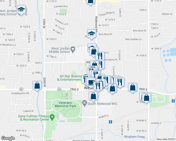 map of restaurants, bars, coffee shops, grocery stores, and more near 1805 West 7600 South in West Jordan