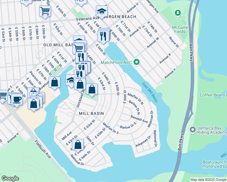 map of restaurants, bars, coffee shops, grocery stores, and more near 2346 East 65th Street in Brooklyn