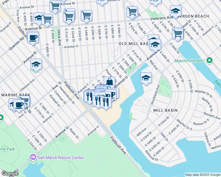 map of restaurants, bars, coffee shops, grocery stores, and more near 2054 East 56th Street in Brooklyn