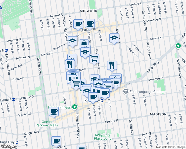 map of restaurants, bars, coffee shops, grocery stores, and more near 1517 East 15th Street in Brooklyn