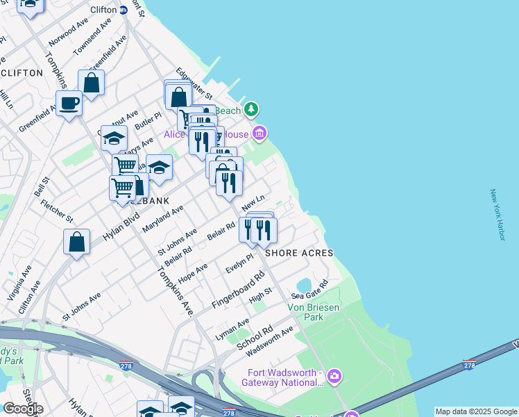 map of restaurants, bars, coffee shops, grocery stores, and more near 54A Courtney Loop in Staten Island