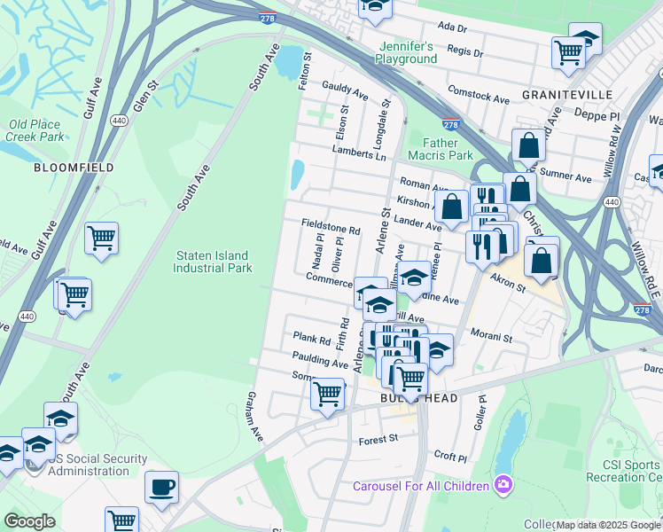 map of restaurants, bars, coffee shops, grocery stores, and more near 27 Oliver Place in Staten Island