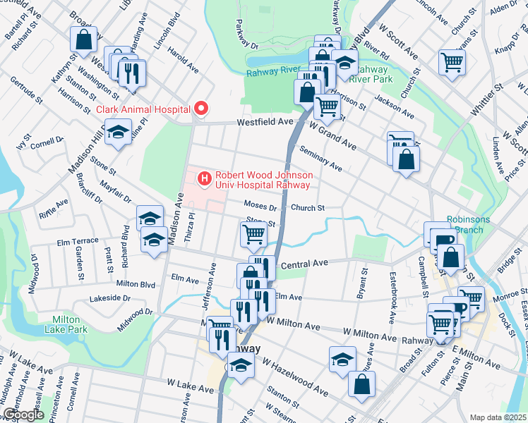 map of restaurants, bars, coffee shops, grocery stores, and more near 733 Moses Drive in Rahway