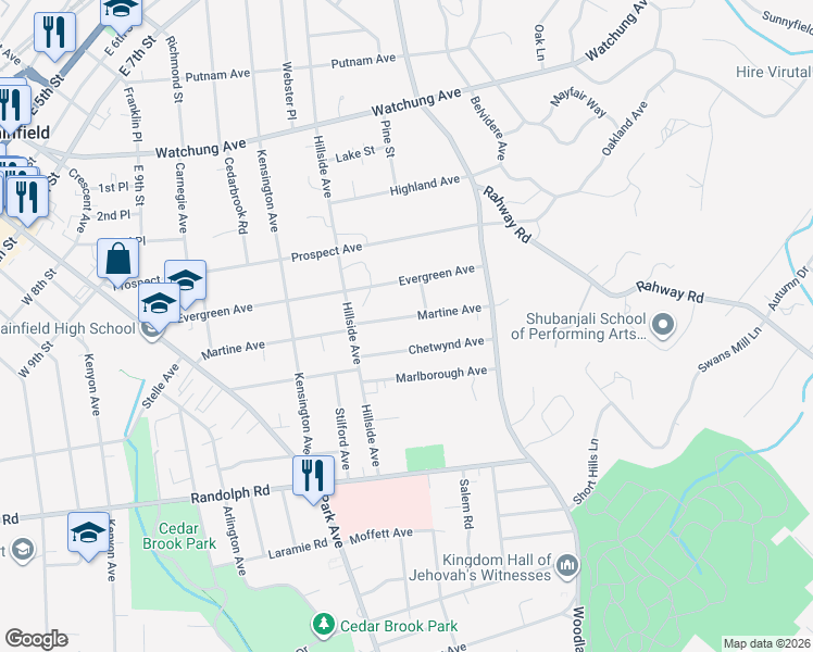 map of restaurants, bars, coffee shops, grocery stores, and more near 1357-61 Martine Avenue in Plainfield