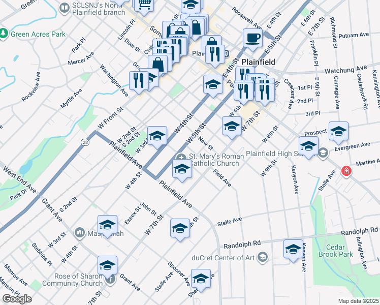 map of restaurants, bars, coffee shops, grocery stores, and more near 440 West 5th Street in Plainfield