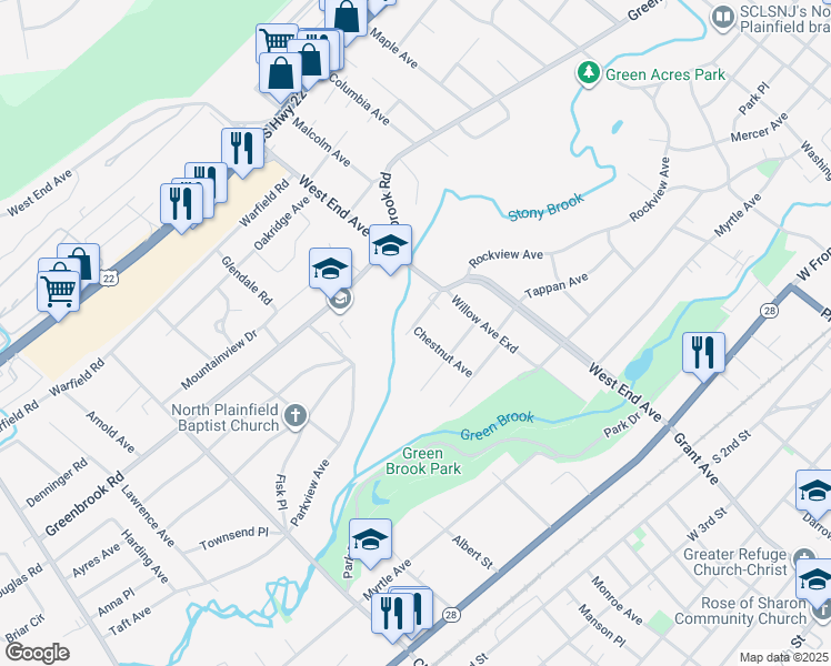 map of restaurants, bars, coffee shops, grocery stores, and more near 436 Rockview Avenue in North Plainfield