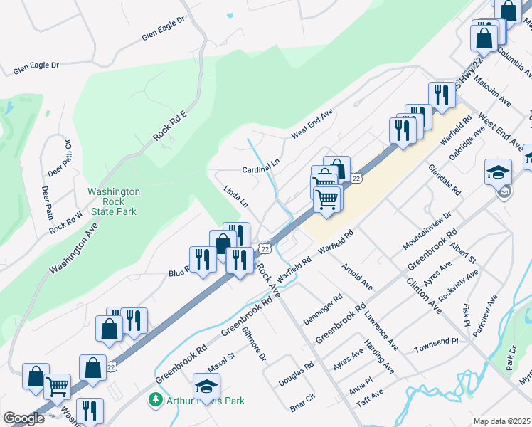 map of restaurants, bars, coffee shops, grocery stores, and more near 1291 Rock Avenue in North Plainfield