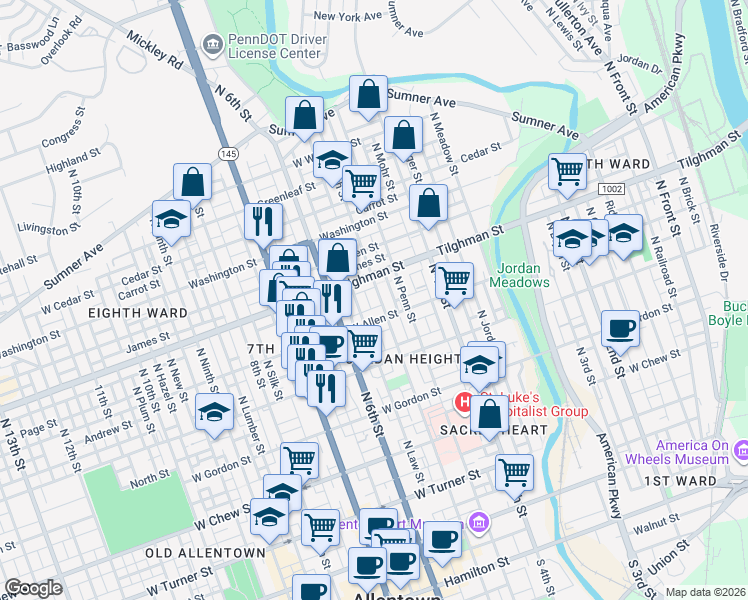 map of restaurants, bars, coffee shops, grocery stores, and more near 632 North 5th Street in Allentown