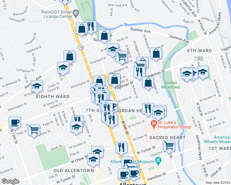 map of restaurants, bars, coffee shops, grocery stores, and more near 538 Tilghman Street in Allentown
